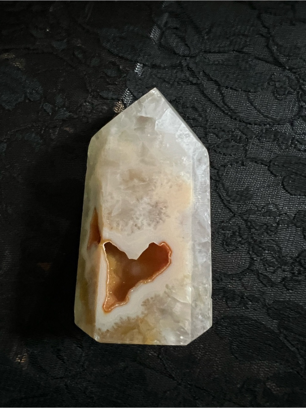 Polished Agate tower with Amber druzy cave
